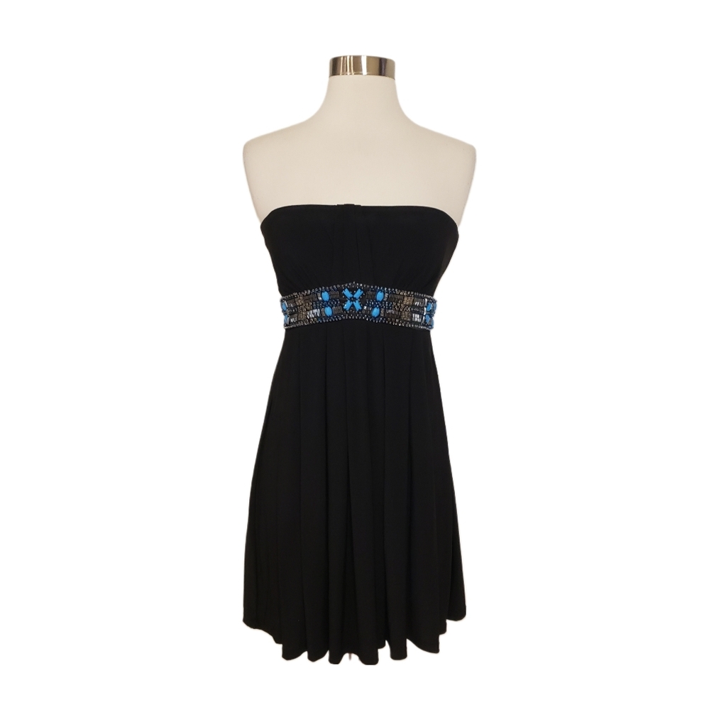 White House Black Market Size 0 Black Strapless Turquoise Beaded Dress